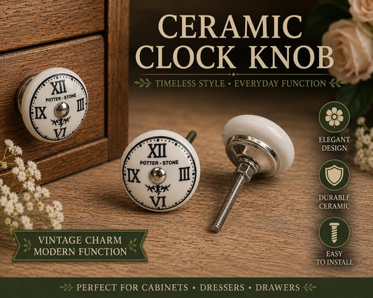 Vintage Ceramic Clock Knob, Farmhouse Drawer Pull, Roman Numeral Cabinet Handle