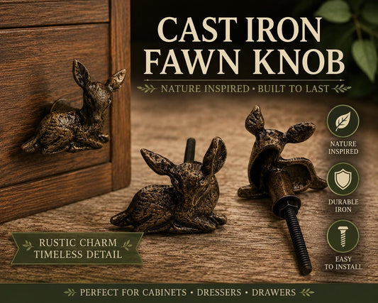 Cast Iron Fawn Knob, Rustic Woodland Animal Drawer Pull, Antique Bronze Cabin Decor