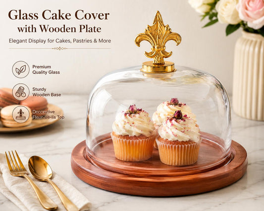 7-Inch Glass Cake Dome with Wooden Serving Plate, Bakery Display Cover