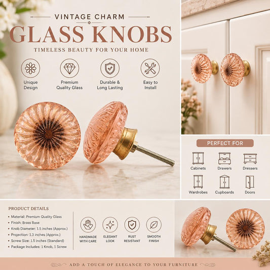Vintage Glass Cabinet Knob with Brass Base – Elegant Peach Furniture Pull