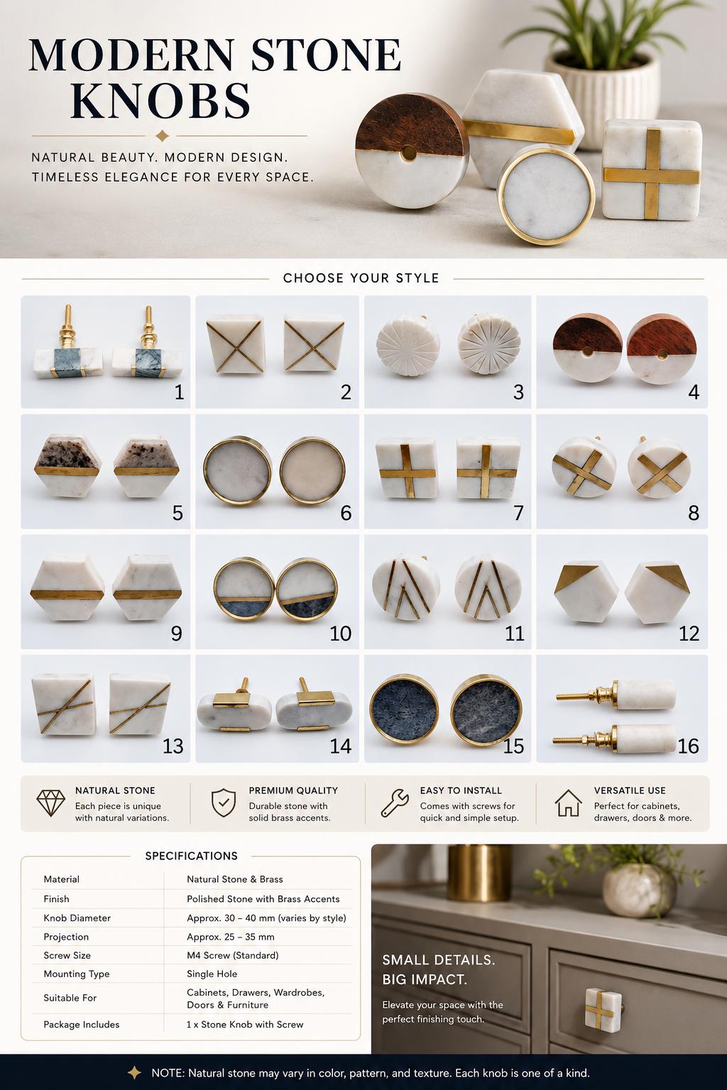 Handmade Marble Cabinet Knob with Brass Inlay - Geometric Shapes