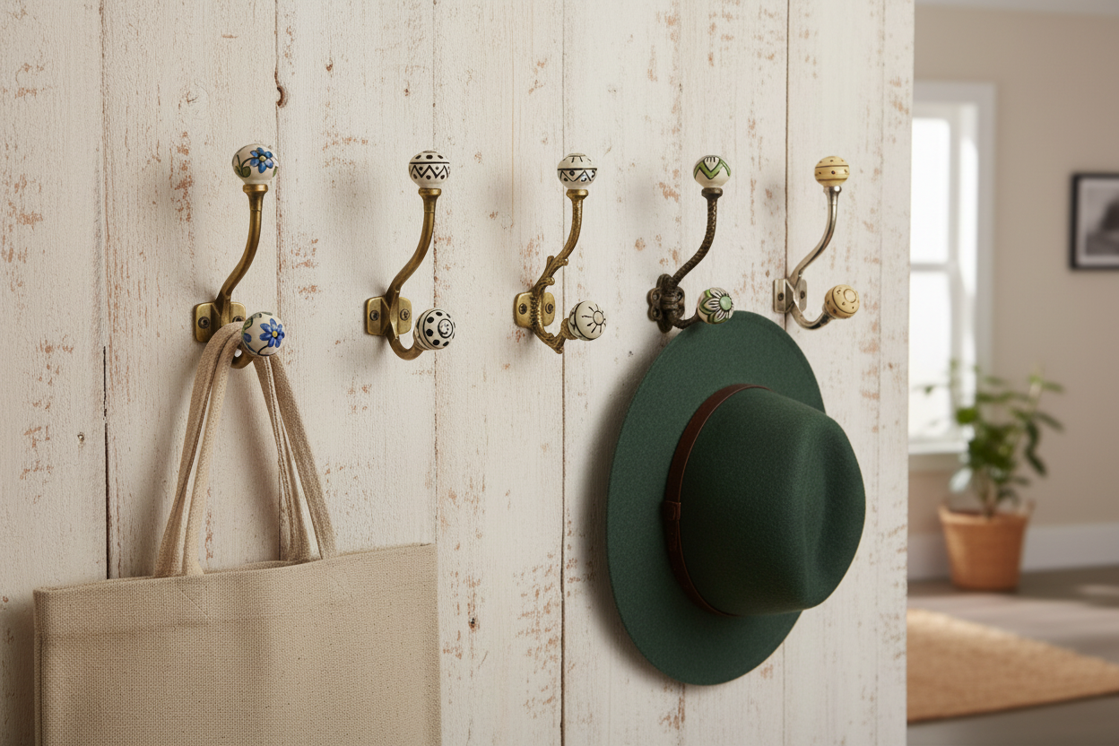 Hand-Painted Ceramic Brass Wall Hooks Set